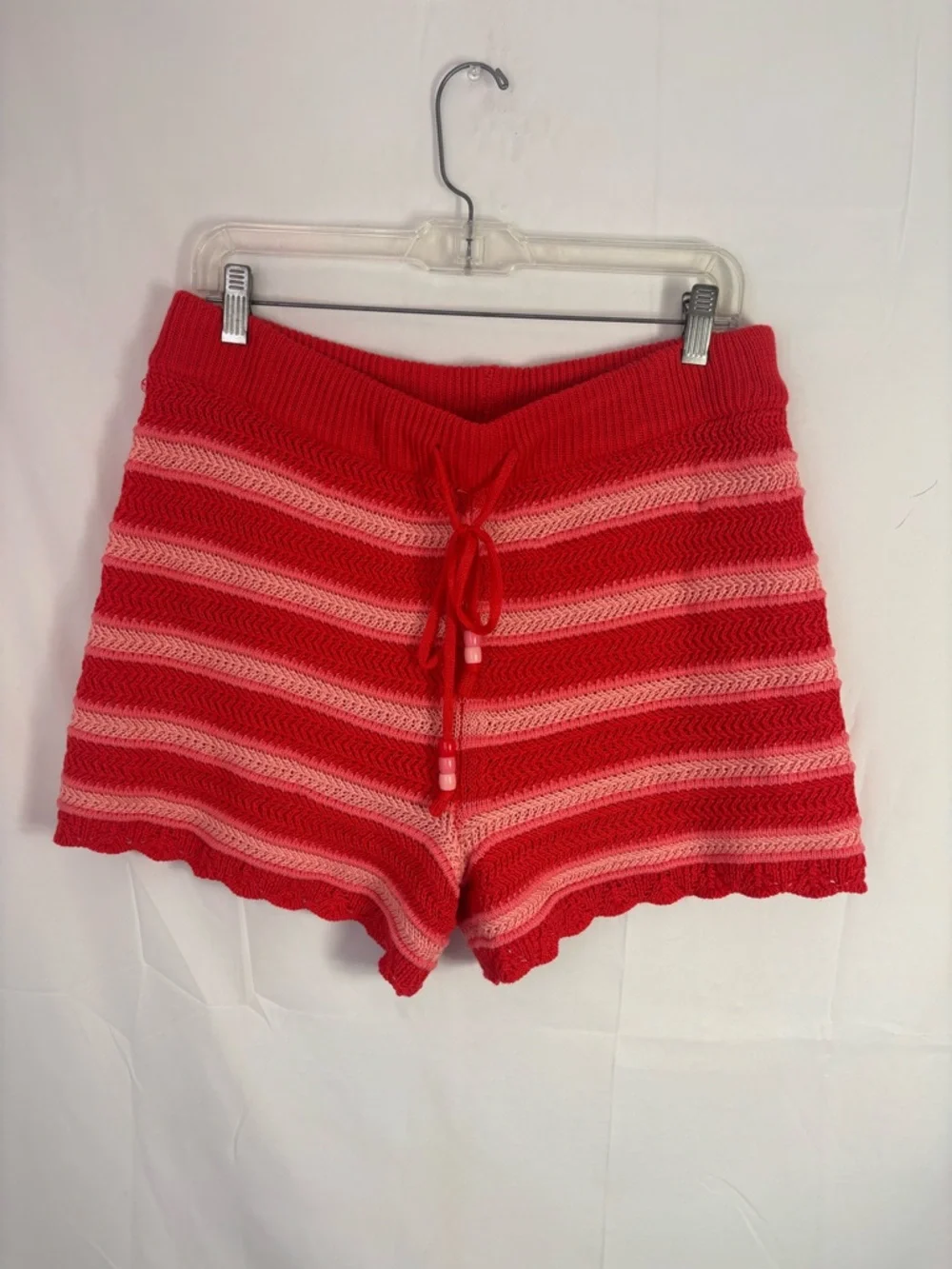 Striped Red Crochet Knit Beaded Draw String Pull On Retro Boho Shorts Size XL - Picture 2 of 9